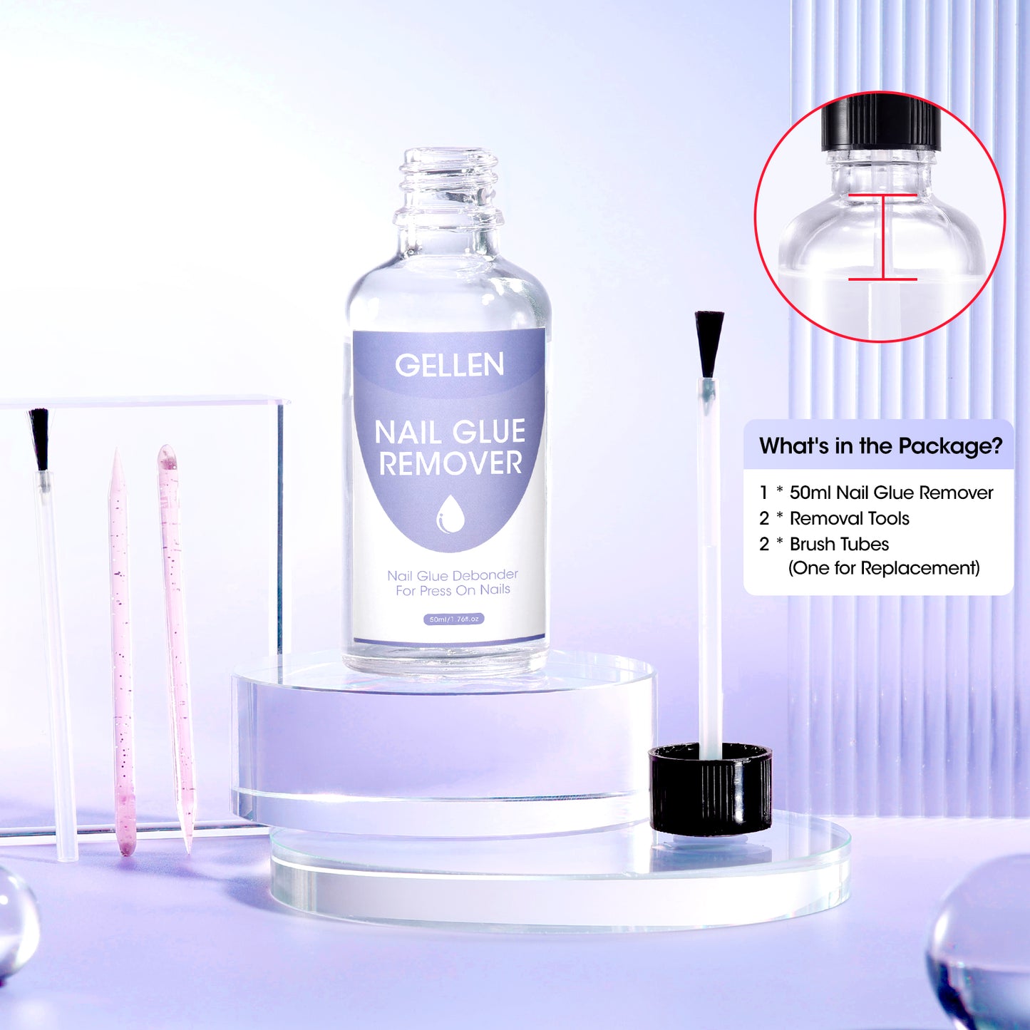 Gellen Nail Glue Remover for Press on Nails, 50ml Acetone-free Gentle Nail Glue Remover for Quick Dry Strong Nail Glue & Nail Polish & Fake Nail Tips Remover