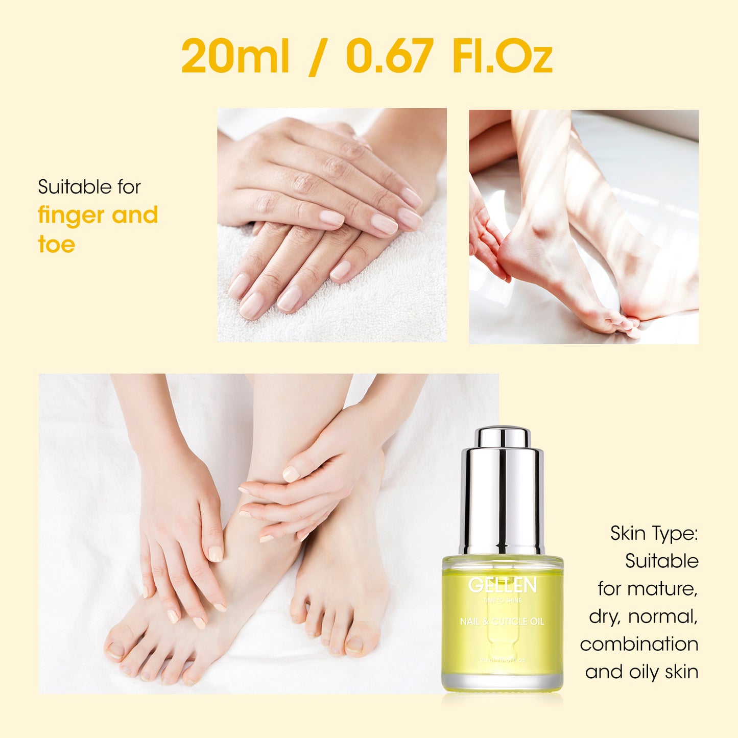 Gellen Nail Cuticle Oil, 20ml 0.67 Fl.Oz Fingernail Nourishing Oil for Nails Strength, Hydrating, Moisturizing, Strengthening