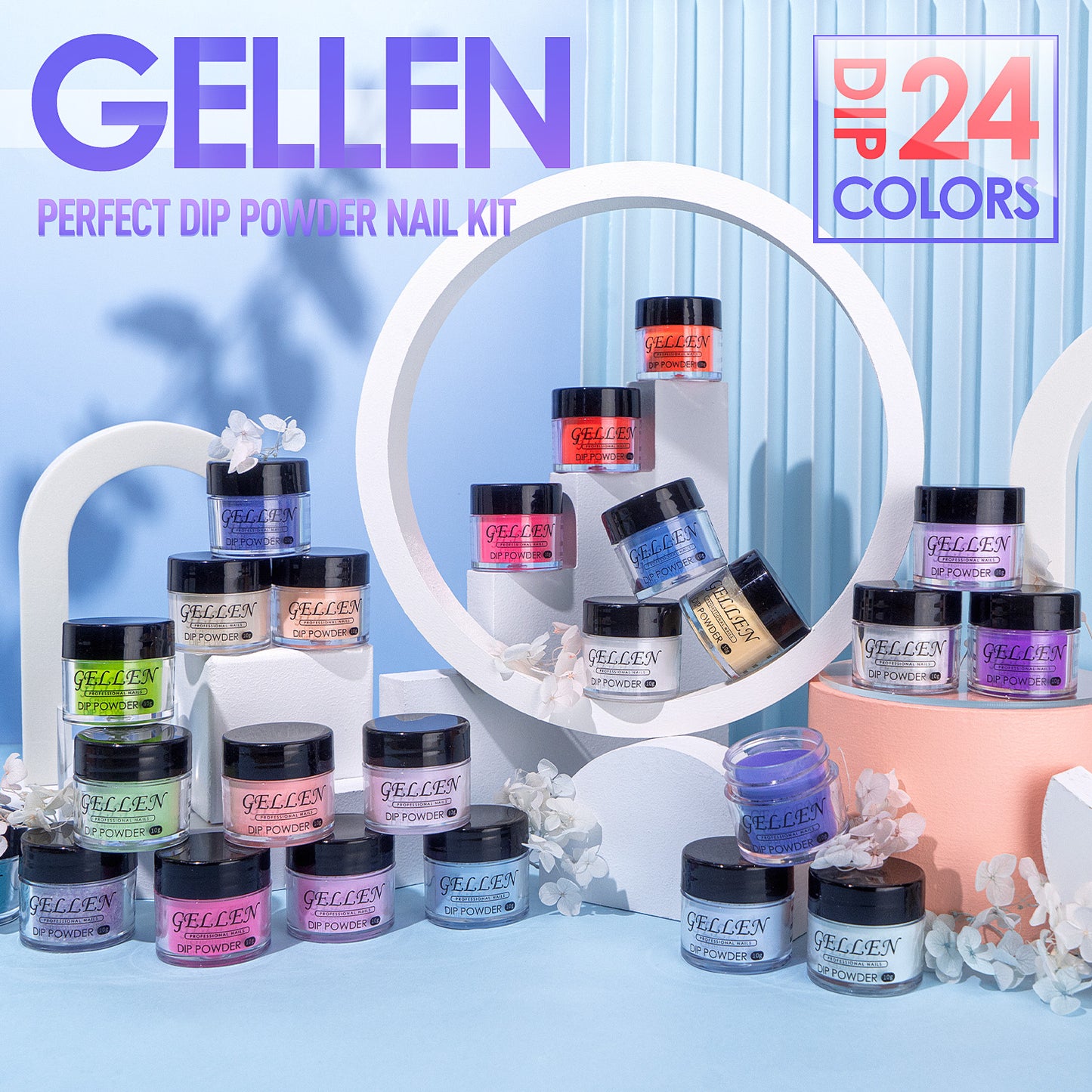 Gellen Dip Powder Nail Kit, 24 Colors Bright Red Pink Purple Glitter Dip Nail Powder Kit, Nail Art All Season Series Dip Powder Set DIY Salon Home Gift for Women