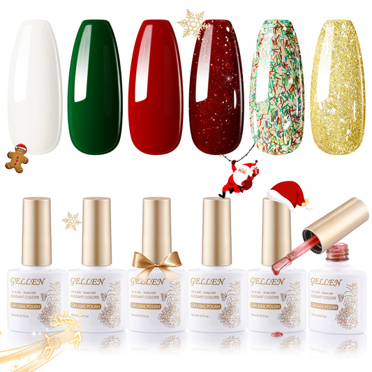 Gellen Gel Nail Polish Set, 6 Colors Snow White Sparkle Red Glitter Gold Jelly Dark Green Bright Red Gel Polish Nail Art Gifts for Women