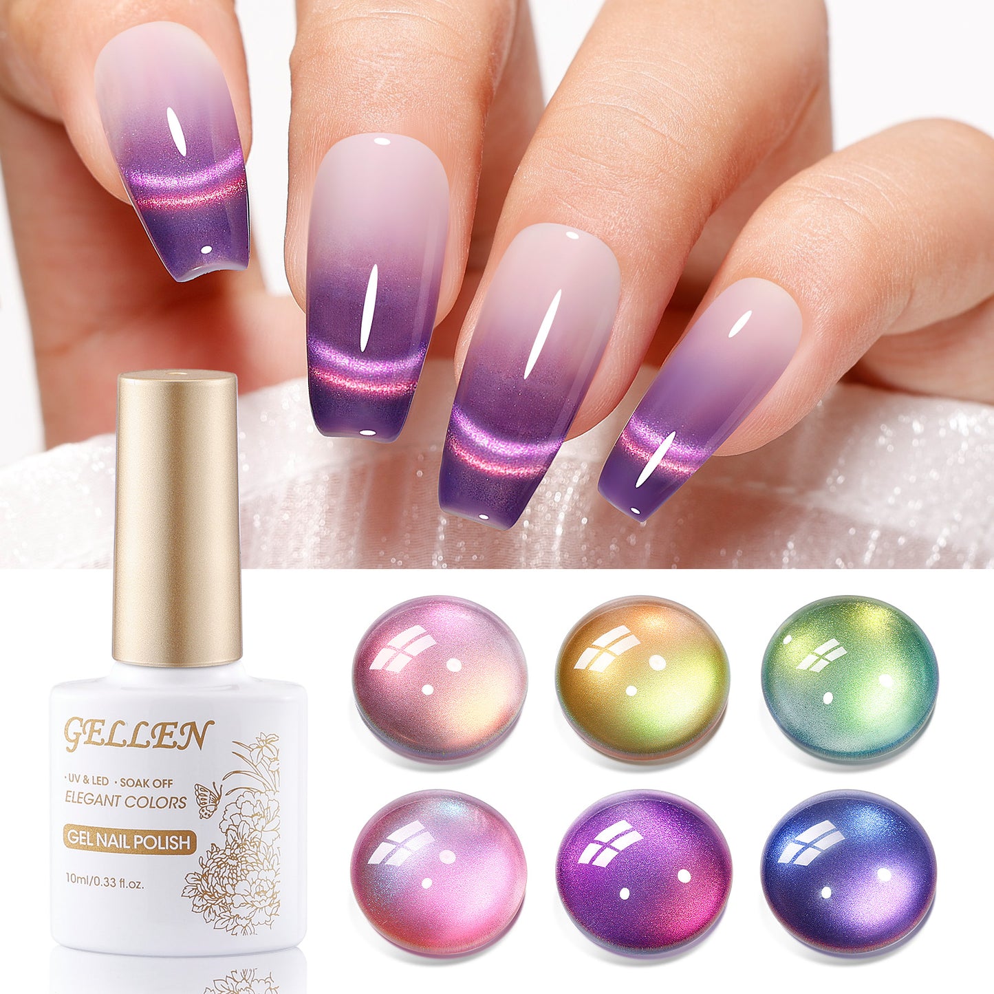 Gellen Cat Eye Gel Nail Polish Kit with Magnet, 6×10ml Dual Colour Natural Glitter Gel Polish Set, Soak off Nail Gel At Home Salon Use