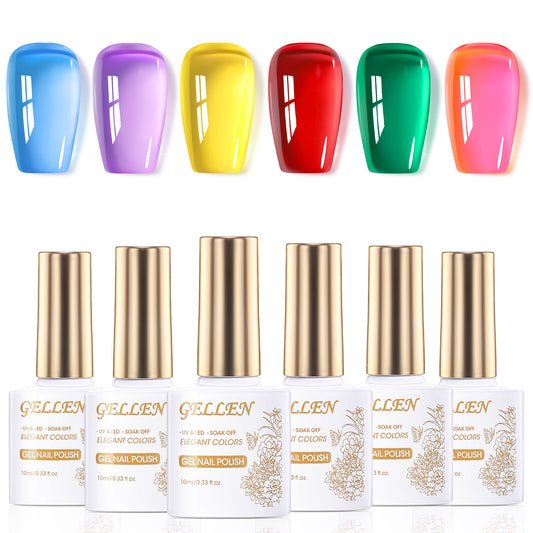 Gellen Gel Nail Polish Kit - 6 Colors Ice Glassy Gel Blue Purple Yellow Red Green Pink Gel Polish Set Soak Off LED Gel Nail Kit Nail Art DIY Manicure Gifts for Her