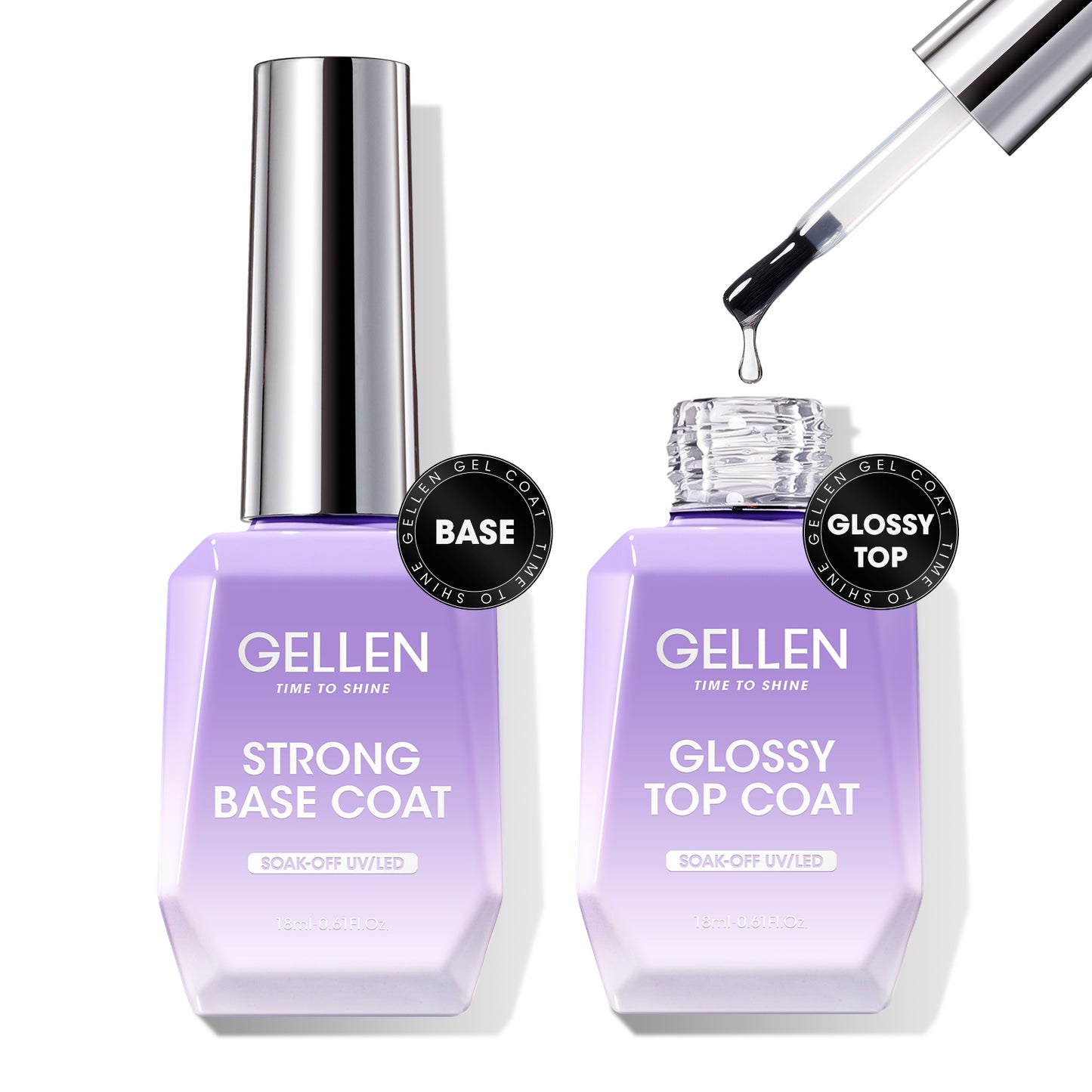 Gellen Gel Base and Top Coat Set, 2Pcs 18ML No Wipe Glossy Gel Top Coat, Clear UV Base Coat Gel Nail Polish, Soak Off Nail Lamp Gel Base Top Coat Nail Art Home Manicure