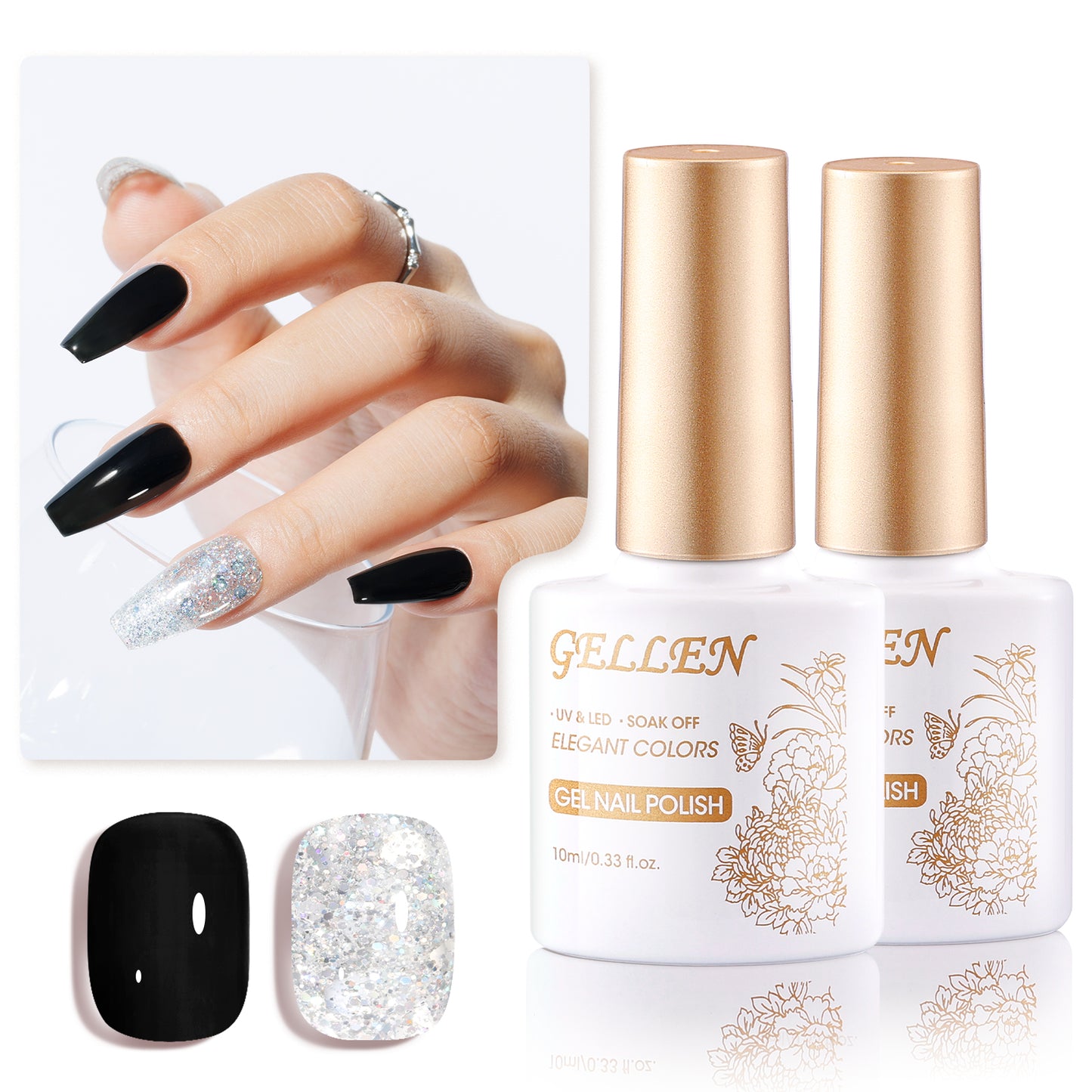 Gellen Black Gel Nail Polish and Sliver Glitter Gel Polish, 10ml Sparkle Silver Nail Polish Soak Off No Wipe UV Gel for Nail Art Salon Manicure DIY, Christmas Gifts for Women