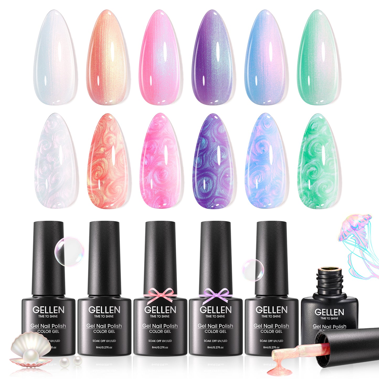 Gellen Pearl Gel Nail Polish, 6 Colors Glitter White Pink Purple Blue Yellow Green Pearl Shimmer Mermaid Gel Polish Pearlescent Shell Nail Gel Polish Set Swirl Thread Effect Nail Drawing Gel