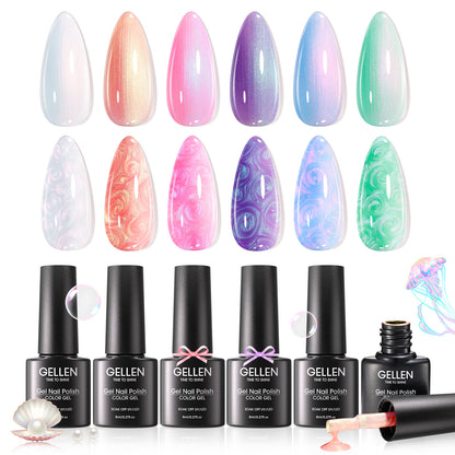 Gellen Pearl Gel Nail Polish, 6 Colors Glitter White Pink Purple Blue Yellow Green Pearl Shimmer Mermaid Gel Polish Pearlescent Shell Nail Gel Polish Set Swirl Thread Effect Nail Drawing Gel