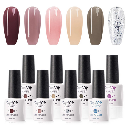 Candy Lover Jelly Gel Nail Polish, 6 Sheer Nudes Milky Pink Glitter Colors Gel Polish Kit with Top Coat and Base Coat, UV Gel Polish, No Wipe Nail Polish