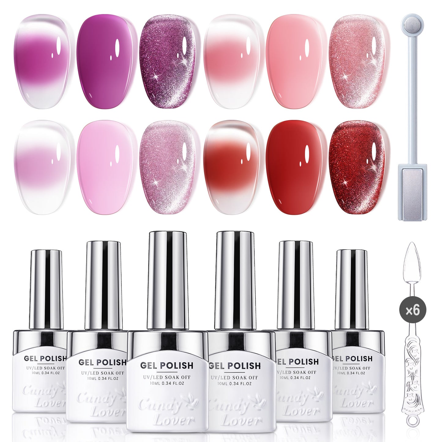 Candy Lover Gel Nail Polish Kit with Magnet, Natural Cat Eye & Blooming Gel Polish Set, Ice Translucency Effect Soak off Nail Gel At Home Salon Use, Purple Red Series 6×10ml