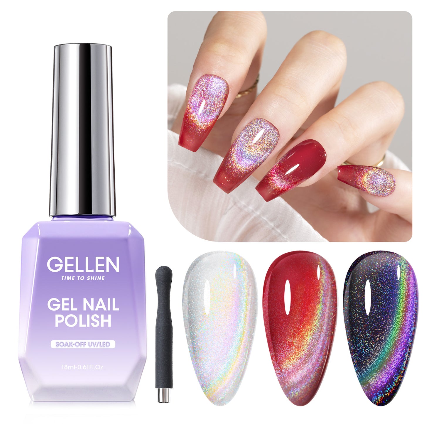 Gellen Cat Eye Gel Nail Polish, 18ml Gel Polish with Magnet Stick, Magnetic Shimmer Glitter Holographic Nail Polish Soak Off LED Gel for Nail Art DIY, Rainbow Effect