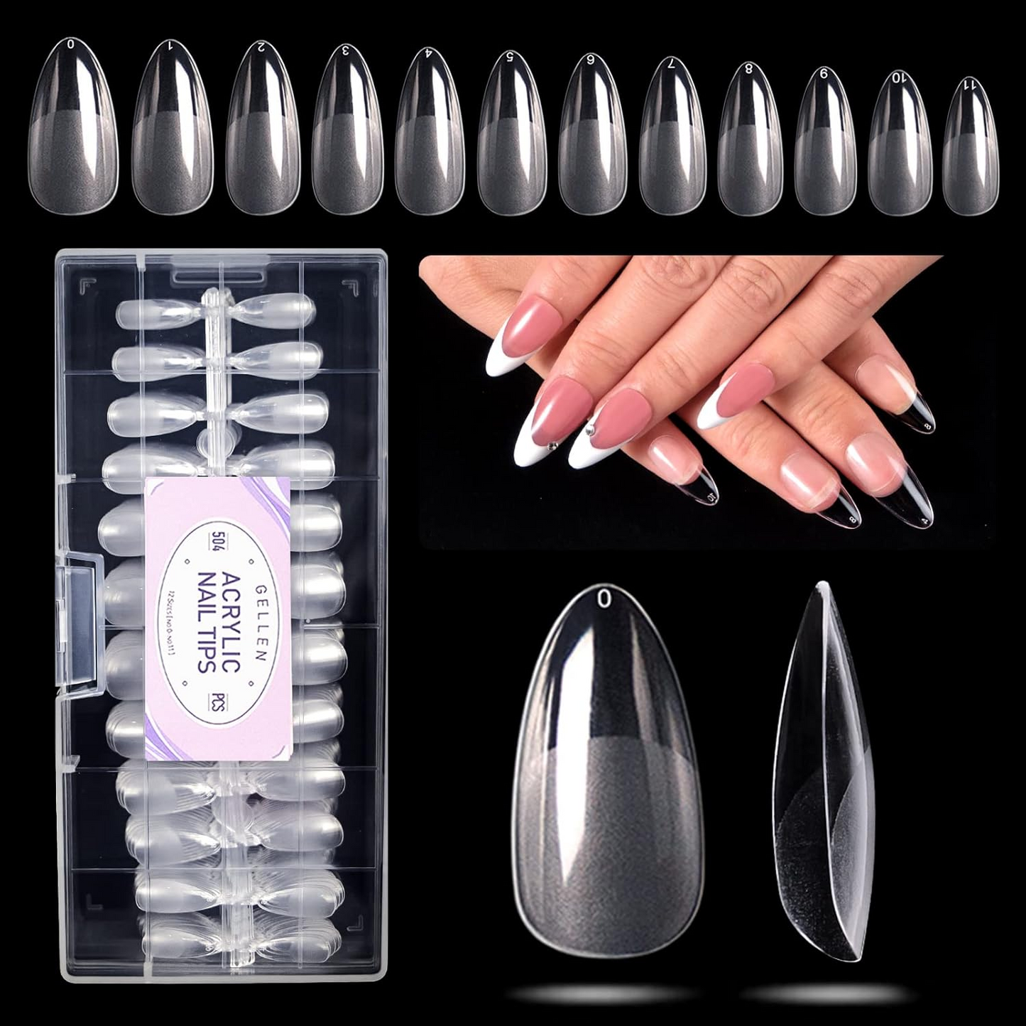 Gellen Medium Almond Fake Nail Tips for Press on Nails, 504Pcs Soft Gel Tips for Nail Extensions Full Cover Pre-shaped 12 Sizes Clear False Nails for Nail Art