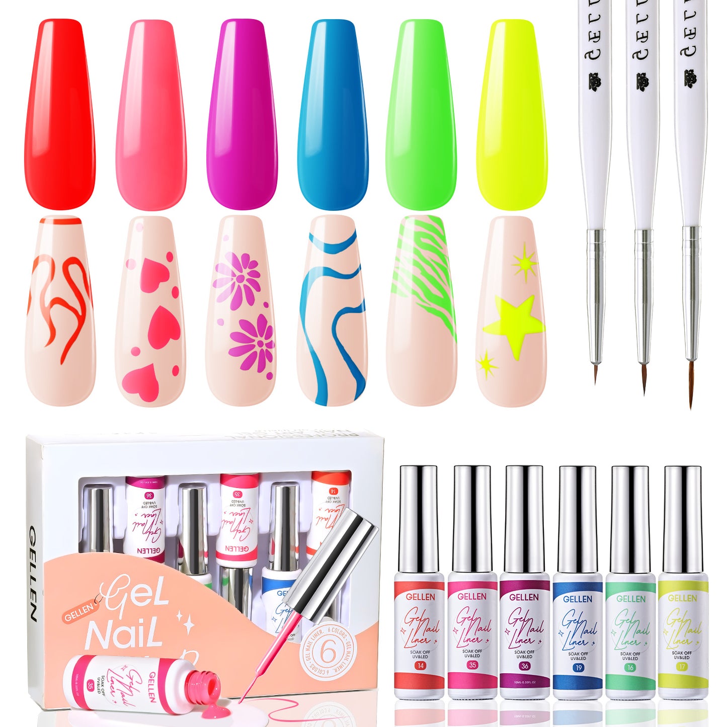 Gellen Gel Liner Nail Polish, 6 Colors Red Pink Green Nail Art Gel Nail Polish Set, Gel Polish Soak Off UV Cure Gel Built Thin Nail Brush Valentine's Day Gifts for Women