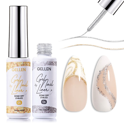 Gellen Gel Liner Nail Polish, 2 Colors Gold Sliver Nail Art Gel Nail Polish Set, Gel Polish Soak Off UV Cure Gel Built Thin Nail Brush Christmas Gifts for Women