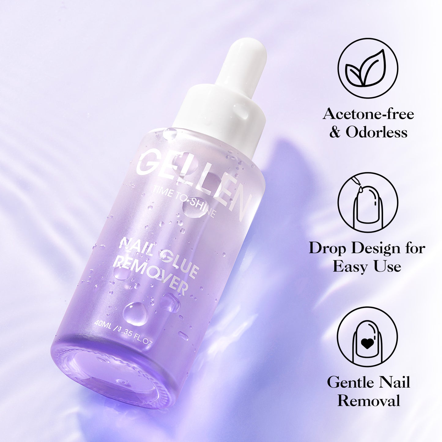 Gellen Nail Glue Remover for Press on Nails, 40ML Nail Glue Remover for UV Nail Glue, Non acetone Gentle Glue Off for Nails Glue False Tips, Odorless Easy Glue Debonder