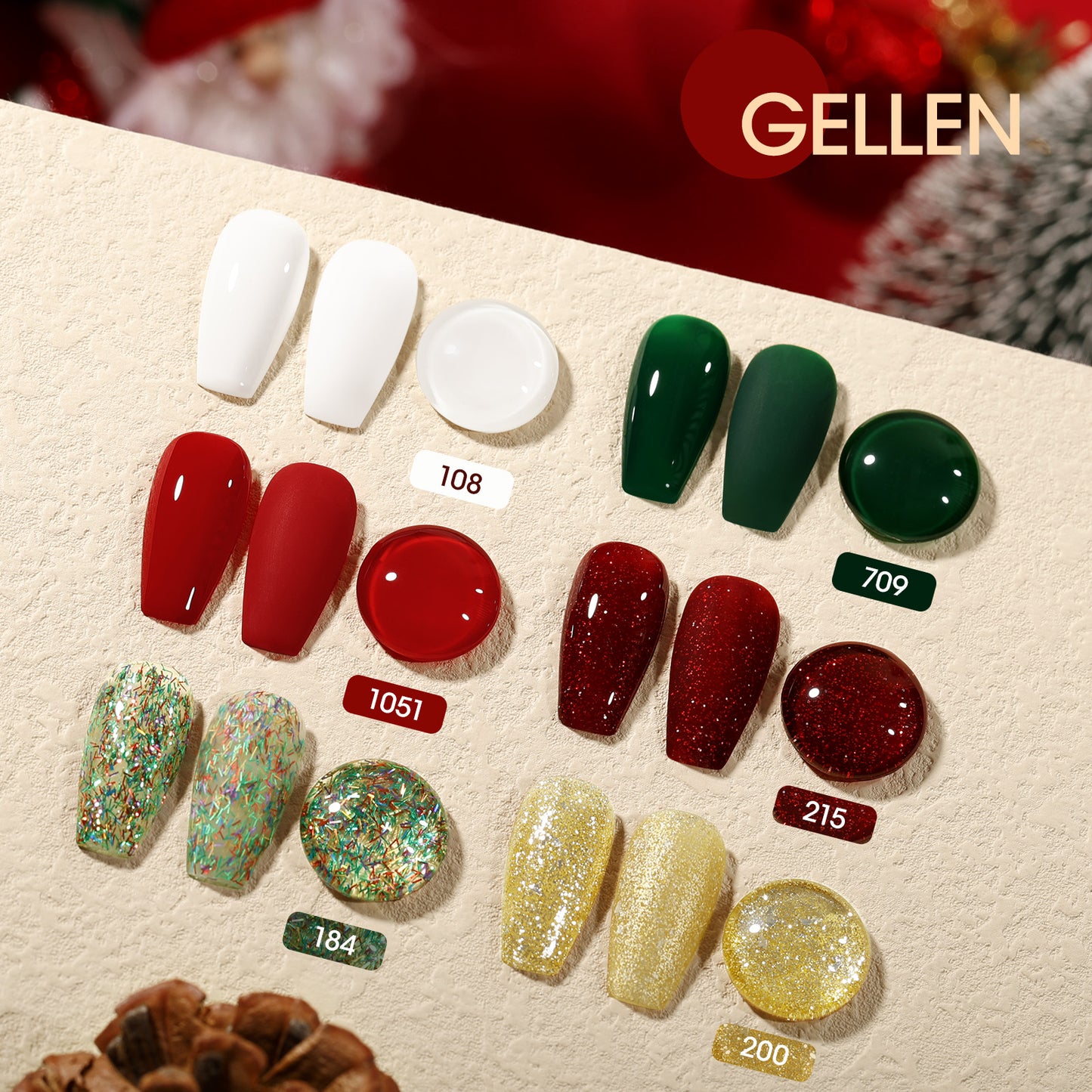 Gellen Gel Nail Polish Set, 6 Colors Snow White Sparkle Red Glitter Gold Jelly Dark Green Bright Red Gel Polish Nail Art Gifts for Women