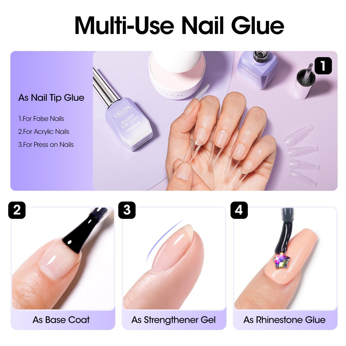 Gellen Nail Glue Gel for Nail Tips, 18ML4-in-1 UV Light Needed Nail Gel As Base Gel, As Rhinestone Glue for Nail Art, As Nail Tips Glue for Press on Acrylic and False Nails and As Strengthener Gel