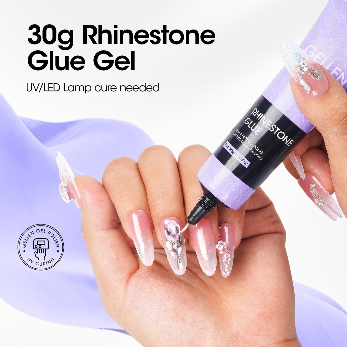 Gellen Nail Rhinestone Glue for Nails, Super Strong Adhesive Gel Nail Glue for Nail Charms Gem 3D Nails Bling Gel for Nail Art Jewel Diamonds UV Cured, 1Pc 30g