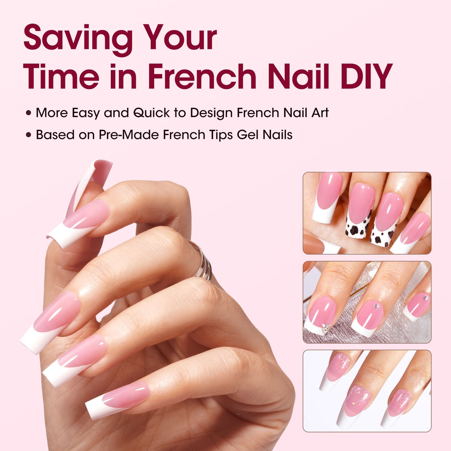Gellen French Tips Press on Nails - 150 Pcs Pink Long Square, Salon Acrylic Press on Nails Soft Gel Nail Tips, 15 Sizes Fake Nails 3 in 1 Pre-french French Tips Full Cover Tips for Nail Art