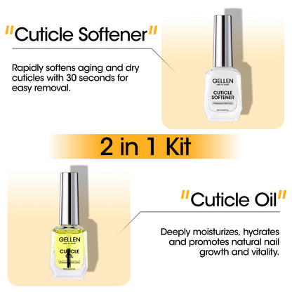 Gellen Cuticle Oil & Softener for Nails, 2 Pcs 18ml Cuticle Remover & Strengthener, Nail Cuticle Protector, 2 in 1 Nail Care Kit for Cuticle Removing & Repairng Manicure Essentials