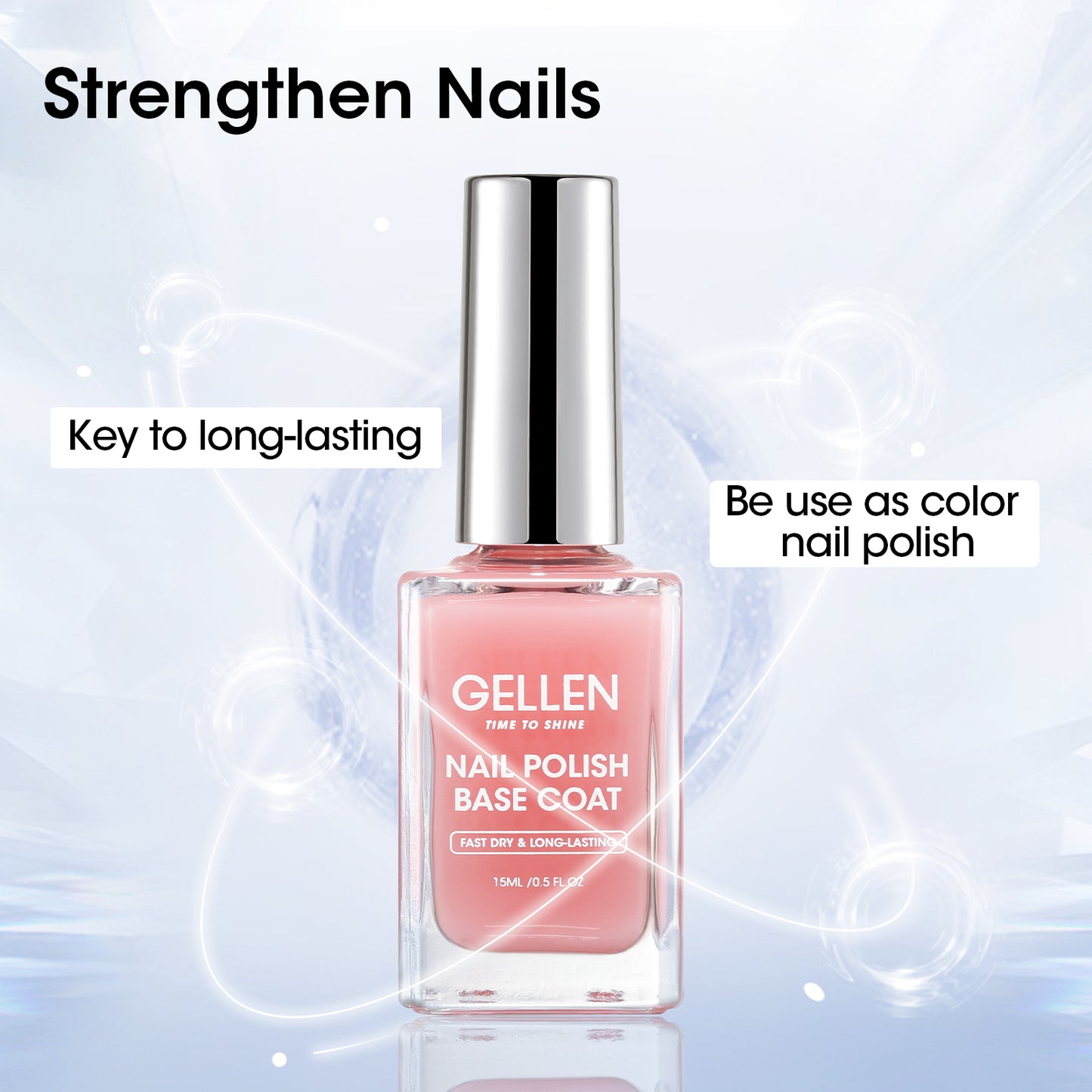 Gellen Nude Pink Base Coat for Regular Nail Polish with Organic Calcium, Quick Air Dry Long Lasting No Wipe Glossy Nail Base Coat for Manicure Salon, Chip Resistant, No UV Light Needed, 15ml