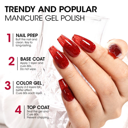 Gellen Glitter Gel Nail Polish, 18ml Hot Red Gel Polish No Wipe Soak Off Long Lasting Glossy UV Gel for Salon Manicure Nail Art, Christmas Gifts for Women Girls