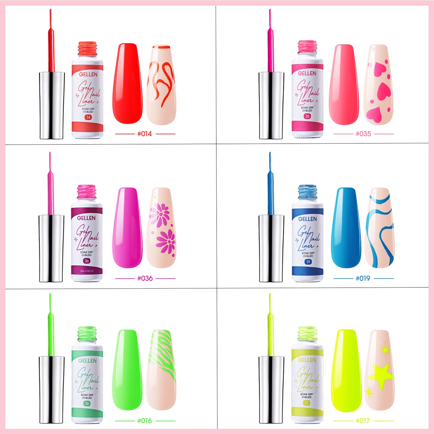 Gellen Gel Liner Nail Polish, 6 Colors Red Pink Green Nail Art Gel Nail Polish Set, Gel Polish Soak Off UV Cure Gel Built Thin Nail Brush Valentine's Day Gifts for Women