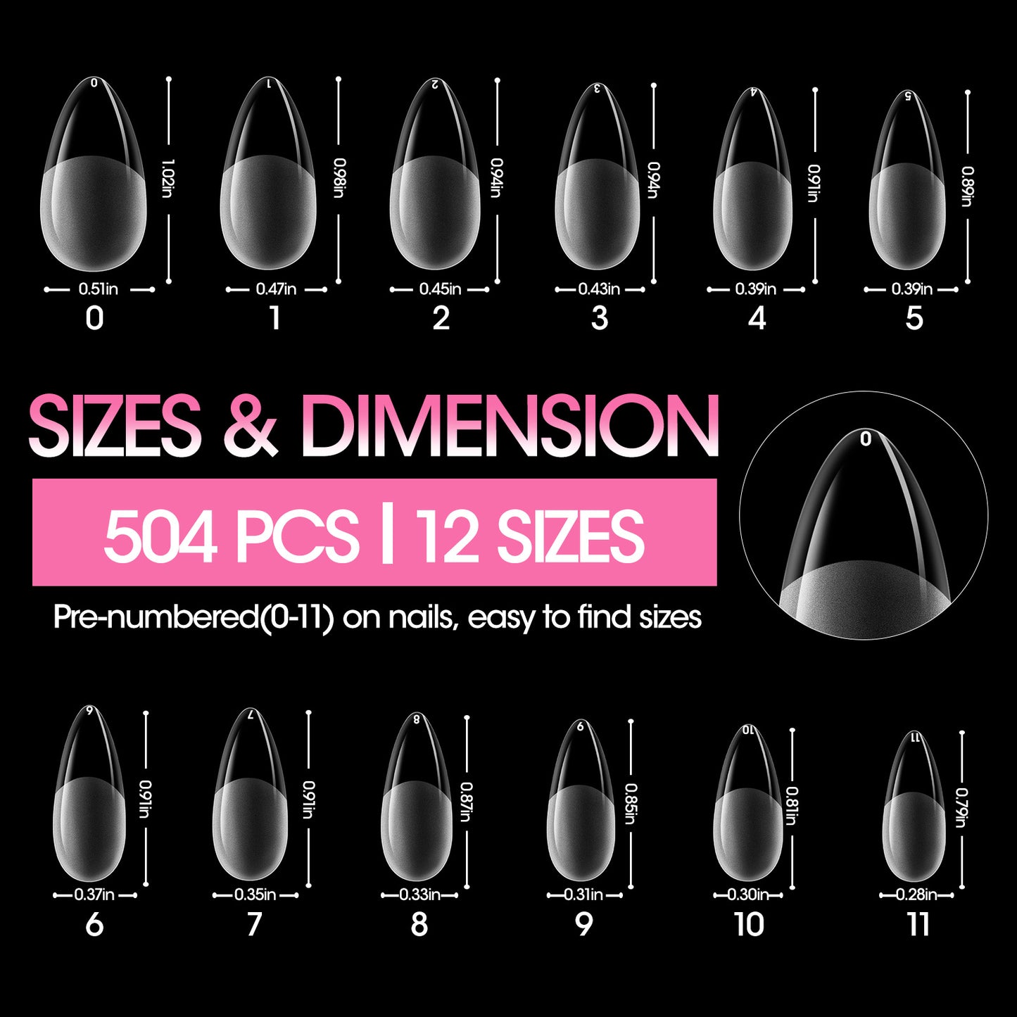 Gellen Medium Almond Fake Nail Tips for Press on Nails, 504Pcs Soft Gel Tips for Nail Extensions Full Cover Pre-shaped 12 Sizes Clear False Nails for Nail Art