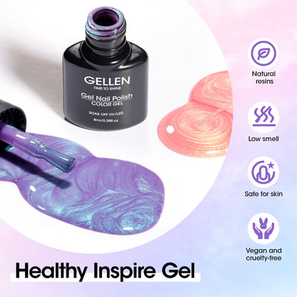 Gellen Pearl Gel Nail Polish, 6 Colors Glitter White Pink Purple Blue Yellow Green Pearl Shimmer Mermaid Gel Polish Pearlescent Shell Nail Gel Polish Set Swirl Thread Effect Nail Drawing Gel