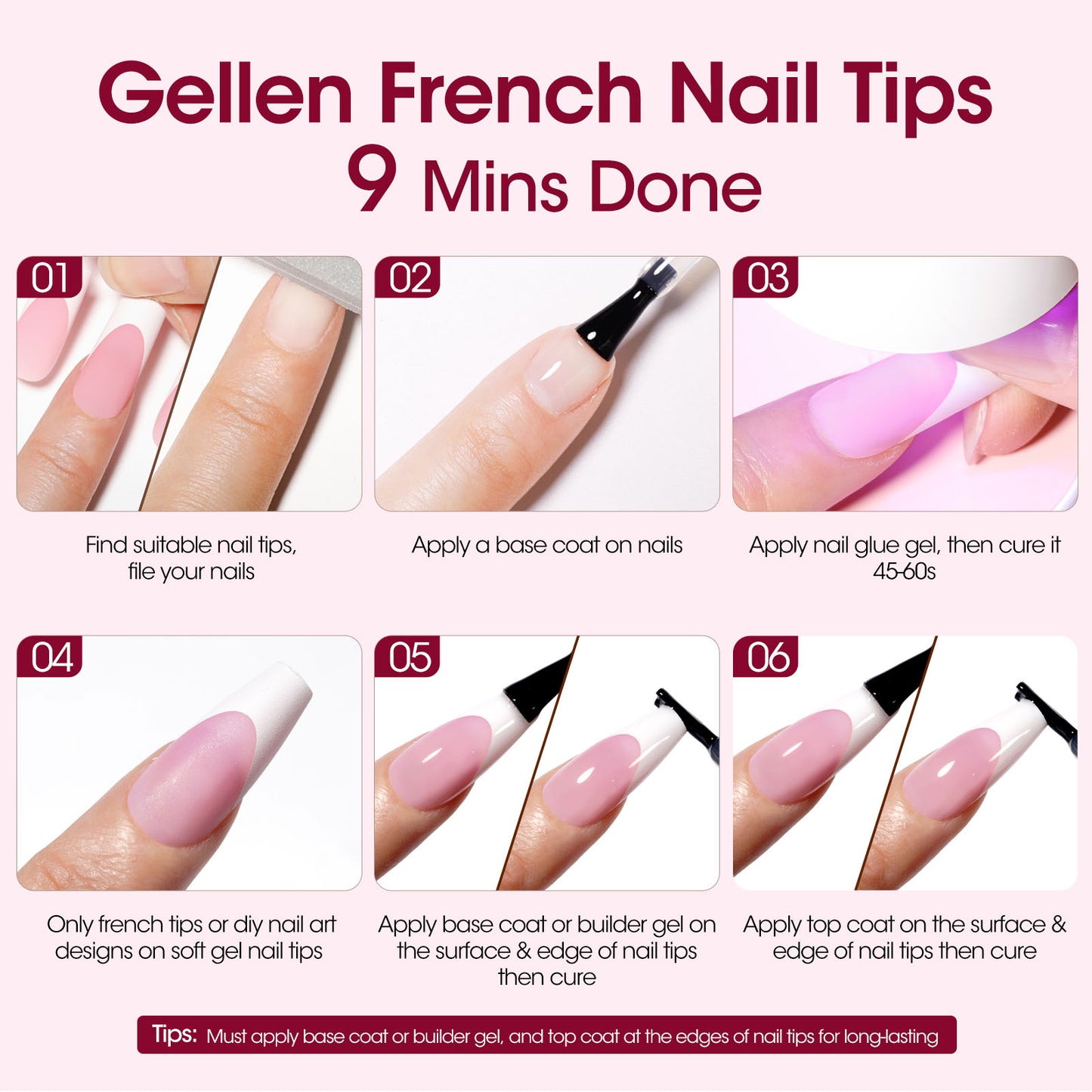 Gellen French Tips Press on Nails - 150 Pcs Pink Long Square, Salon Acrylic Press on Nails Soft Gel Nail Tips, 15 Sizes Fake Nails 3 in 1 Pre-french French Tips Full Cover Tips for Nail Art