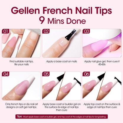 Gellen French Tips Press on Nails - 150 Pcs Pink Long Square, Salon Acrylic Press on Nails Soft Gel Nail Tips, 15 Sizes Fake Nails 3 in 1 Pre-french French Tips Full Cover Tips for Nail Art