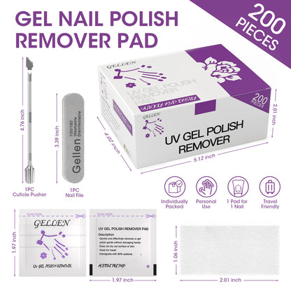 Gellen 200Pcs Gel Nail Polish Remover Pads, Acetone Gel Polish Remover Bulk Set with Nail File and Cuticle Pusher Individually Wrapped Soak Off Nails Remover Wipes for Salon Home