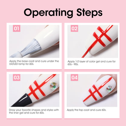 Gellen Gel Liner Nail Polish, 6 Colors Red Pink Green Nail Art Gel Nail Polish Set, Gel Polish Soak Off UV Cure Gel Built Thin Nail Brush Valentine's Day Gifts for Women