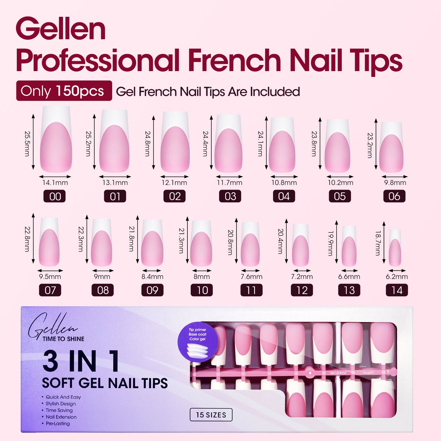 Gellen French Tips Press on Nails - 150 Pcs Pink Long Square, Salon Acrylic Press on Nails Soft Gel Nail Tips, 15 Sizes Fake Nails 3 in 1 Pre-french French Tips Full Cover Tips for Nail Art