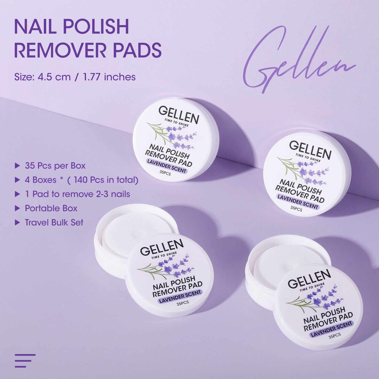 Gellen 140pcs Nail Polish Remover Pads, Remover Wipes for Regular Nail Polish, Non-Acetone Travel Wets Bulk Set for Clearing Nail Polish Salon Home, Lavender Scent