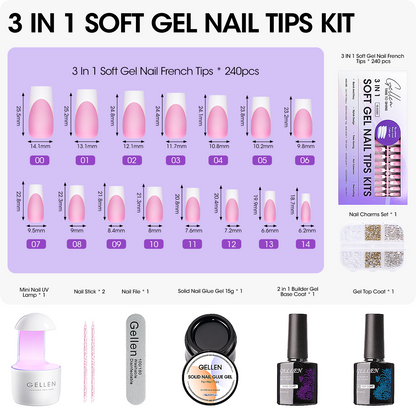 Gellen French Tips Gel Nail Kit - 240 Pcs Pink Long Square, Salon Acrylic Nail Kits Including Gel Top Coat and Base Coat, UV Lamp, Solid Nail Glue Gel, Nail Charms for French Tip Manicure