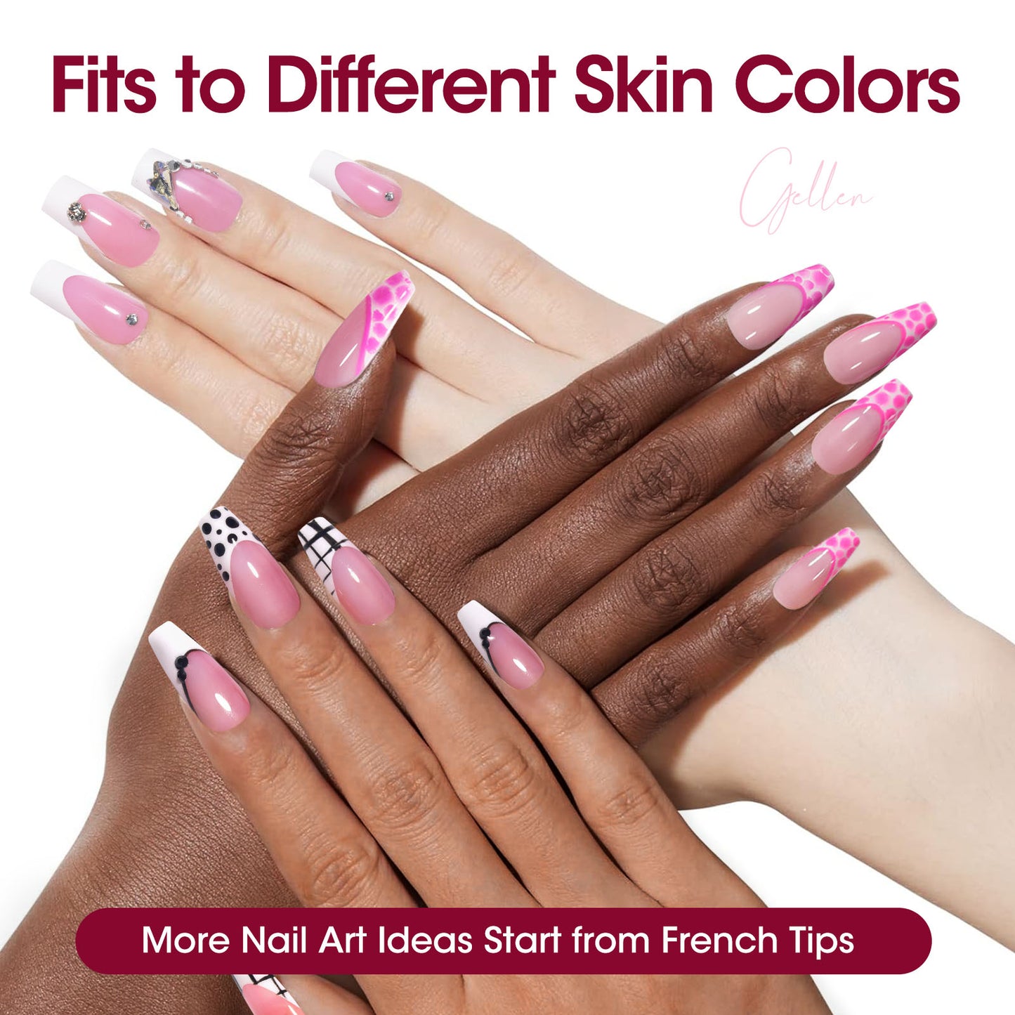 Gellen French Tips Press on Nails - 150 Pcs Pink Long Square, Salon Acrylic Press on Nails Soft Gel Nail Tips, 15 Sizes Fake Nails 3 in 1 Pre-french French Tips Full Cover Tips for Nail Art