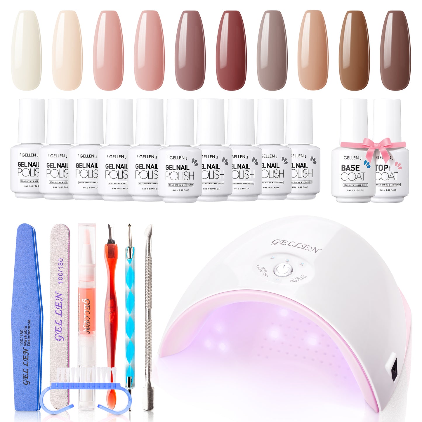 Gellen Gel Nail Polish Starter Kit with 36W UV Light, 10 Colors Chocolate Nude Color Gel Polish Kit, All-In-One Manicure Gift Set with Gel Nail Base Top Coat & Nail Dryer, Nail Art Tool for Salon DIY