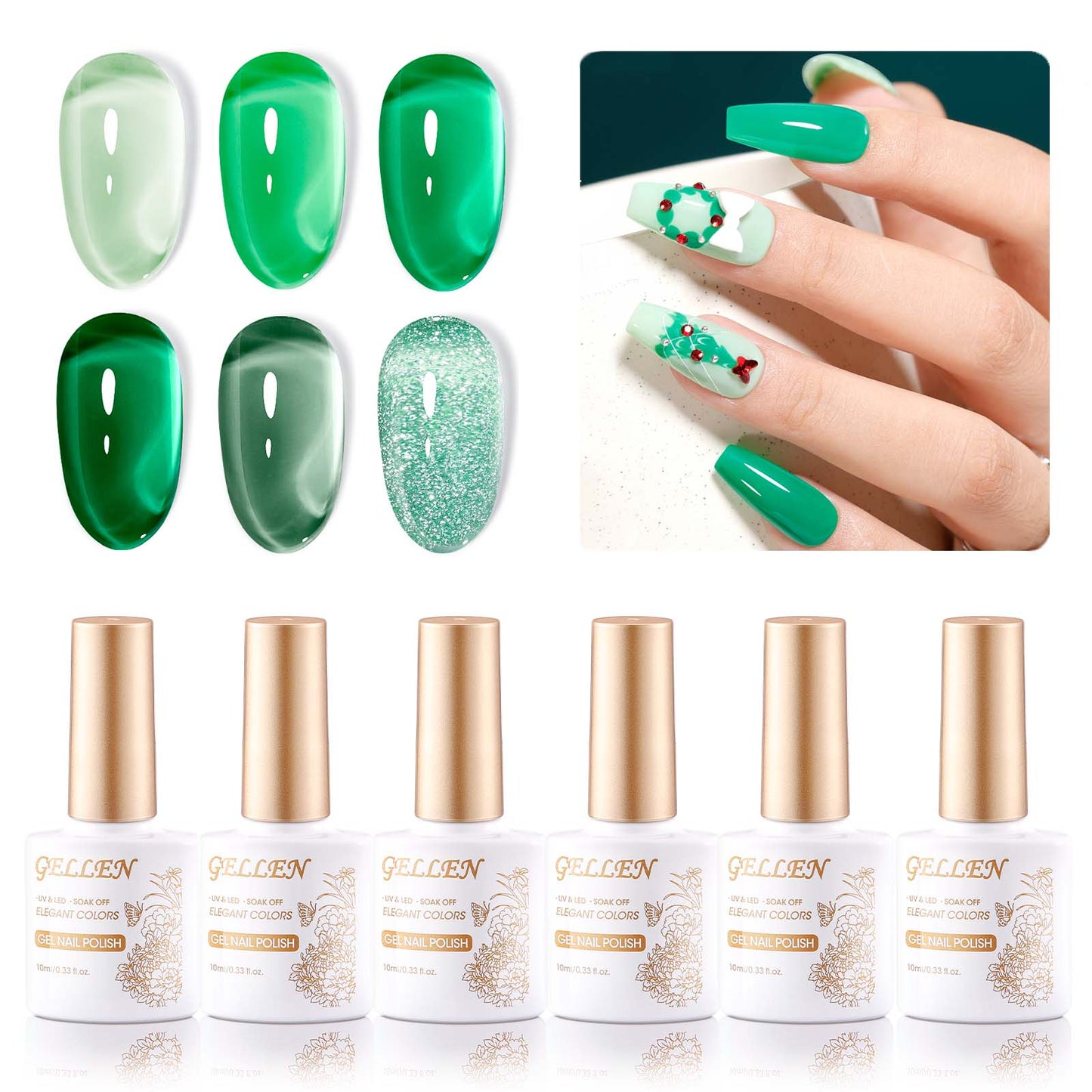 Gellen Emerald Green Gel Polish - 6 Colors Glassy Semi Sheer Jade Green Gel Polish Set Soak Off UV Cure DIY Nail Art Gifts for Christmas
