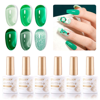 Gellen Emerald Green Gel Polish - 6 Colors Glassy Semi Sheer Jade Green Gel Polish Set Soak Off UV Cure DIY Nail Art Gifts for Christmas